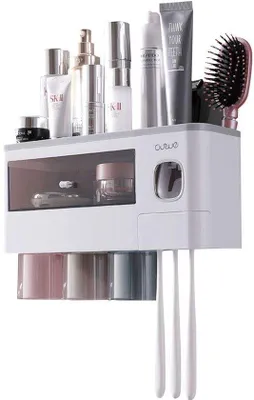 Obrázek produktu pro Automatický dávkovač zubní pasty do koupelny, 3 průhledné magnetické misky, 6 držáků na zubní kartáčky, 1 zásuvka na kosmetiku (3 misky)