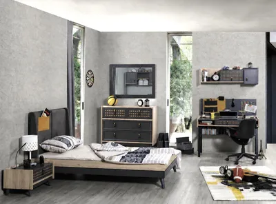 Immagine prodotto di Set per camera da letto per ragazzi: letto singolo, scrivania, cassettiera, specchio, colore grigio