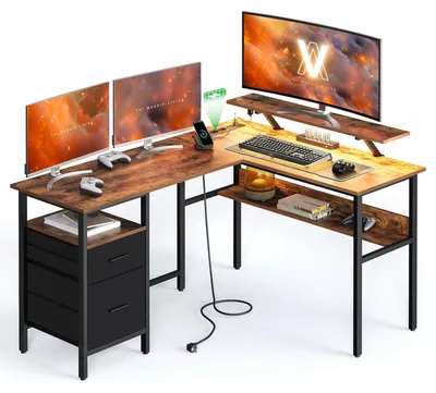 Produktbild von VASAGLE L-förmiger Schreibtisch mit Steckdosen, Eckschreibtisch, Computertisch, Monitorständer, Gaming-Tisch, LED-Beleuchtung, USB-Anschlüsse, 150 x 120 x 76 cm, Homeoffice, vintagebraun LWD095K01 – G
