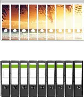 Produktbild von Wallario 9 Stück breite Ordner inkl. Klebeetiketten mit Motive Sonnenuntergang am Strand in der Karibik -  Set mit Rückenschildern / Ordnerrücken Stickern