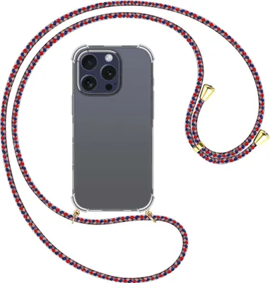 Produktbild von Handykette Backcover-Schutzhülle mit Band (Metall goldfarben) für iPhone 16 Pro - silber/blau/rot