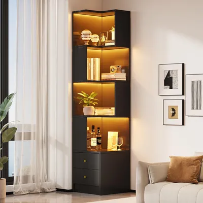 Produktbild von MODFU L-förmiges Bücherregal,Standregal mit mehrschichtiges Design,180cm Hochschrank mit LED,Eckregal mit 2 Schubladen und 4 vier offenen Fächern,Schwarz