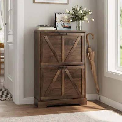 Produktbild von Schuhschrank Eingangsbereich mit 2 Klappschubladen, schmal, Bauernhaus-Stil, Walnuss, 59,9 cm