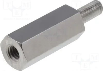 Obrázek produktu pro 10 kusů distančních spojek s závitem: vnitřní závit M2,5, délka 12 mm; vnější závit M2,5, rozměry 212 x 12 mm. Distanční prvek