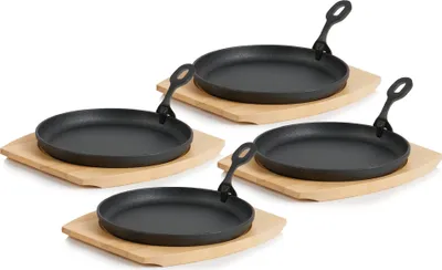 Immagine prodotto di BBQ-Toro set di 4 teglie in ghisa | Ø 22 cm, rotonde, con asse di legno