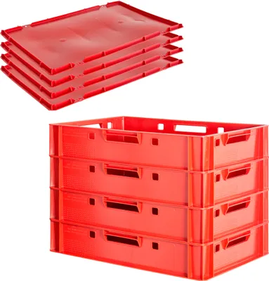 4x Euro-Plastikkiste E1, rot, mit Griff auf jeder Seite und 4x passende Deckel