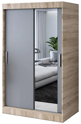 Zdjęcie produktu dla Szafa przesuwna - 120x200cm - Dąb Sonoma / Antracyt Mat- Szafa przesuwna HUGO - z lustrem- do sypialni i garderoby
