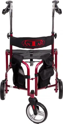 A red rollator with three wheels and a black seat and storage bags, shown from the front.