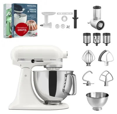 Produktbild von KitchenAid 4,8 L 5KSM175 Artisan Küchenmaschine Set 3 Gemüseschneider+Fleischwolf+Spritzge Porcelain White