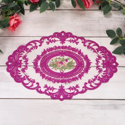 3 Spitzenplatzsets, oval, bestickt, 30x45 cm, rot-rosa