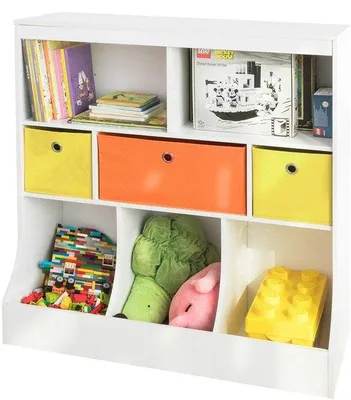 Image de Étagère blanche pour livres d'enfants avec tablette pour jouets et bacs à couvercle