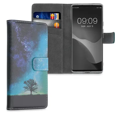Produktbild von kwmobile Wallet Case kompatibel mit Google Pixel 6 Hülle - Cover mit Ständer und Kartenfächern - Galaxie Baum Wiese Blau Grau Schwarz