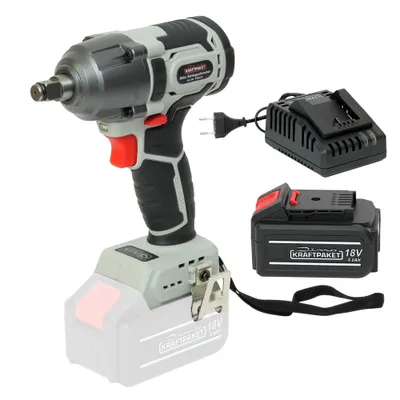 Produktbild von Dino KRAFTPAKET 18V-400Nm 1/2 Zoll Bürstenloser Akku Schlagschrauber im Set mit 4Ah Akku und Ladegerät mit 3-stufigem Drehkraft-Begrenzer/3-Gang (400Nm/300Nm/200Nm) und LED-Leuchte, Motor bürstenlos (Brushless)