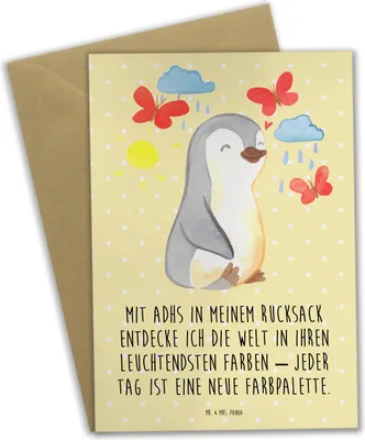 Produktbild von Mr. & Mrs. Panda Glückwunschkarte Pinguin ADHS - Gelb Pastell - Geschenk, Verhaltensstörung, Grußkarten, Aufmerksamkeitsdefizitsyndrom, osterkarten, weihnachtskarten