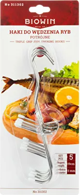 A package of fish smoking hooks with a background image of smoked fish and citrus.