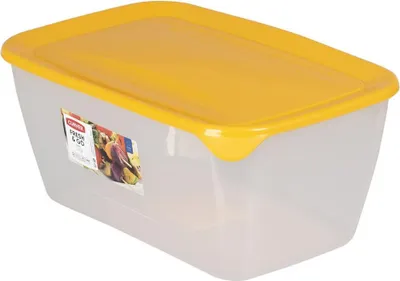 A clear plastic food storage container with a yellow lid.