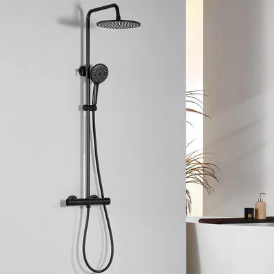Produktbild von Auralum Edelstahlmit Thermostat Duscharmatur Komplettset, 25x25CM Regendusche, 3 Strahlarten und Höhenverstellbarer Duschstange (Schwarzer Kreis)