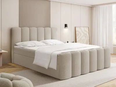 Produktbild von Boxspringbett mit Bettkasten – Polsterbett 120 x 200 cm mit H4 7-Zonen-Taschenfederkernmatratze & 5 cm Komfort-Topper – Stauraumbett mit hohem Kopfteil – Boucle Beige