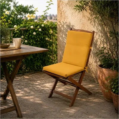 Imagen del producto de Cojines para sillas de exterior - Cojines para asiento y respaldo - 40 x 90 cm - Con cintas de sujeción - Transpirables - Relleno de algodón y polipropileno - Poliéster/algodón - Amarillo