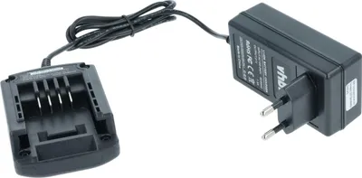 A black battery charger and its power adapter are shown on a white background.