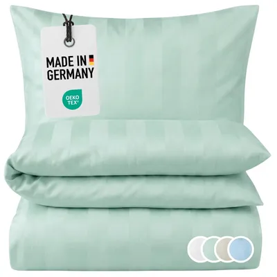 Produktbild von Damast Bettwäsche 135x200 Mint gestreift Bettbezug 135 x 200 Block-Streifen 100% Baumwolle