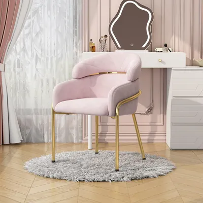 Produktbild von Esszimmerstuhl, einzeln, leichter Luxus, Wohnzimmer, Schlafzimmer, Freizeitstuhl, mit vier Metallbeinen, Samt, Rosa Pink