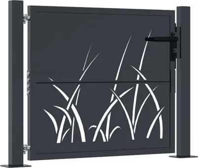 A dark gray metal garden gate with a cut-out grass design, shown in a studio setting against a light gray background.