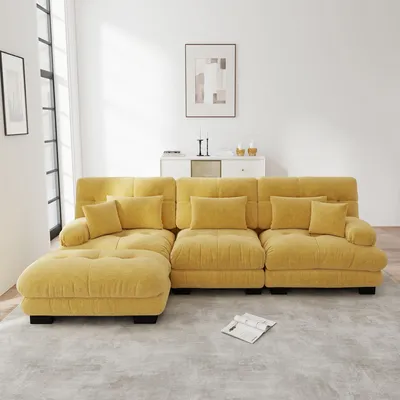 Immagine prodotto di Divano angolare modulare modello "Cloud Couch", poggiapiedi, divano letto profondo, tessuto in chenille (giallo)
