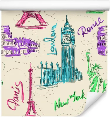 Produktbild von 10m VLIES TAPETE Rolle Stadt Symbole New York London Rom Architektur XXL