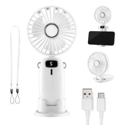Produktbild von Handventilator – Leichter, Tragbarer, USB Ventilator Klein mit 5 Stufen – Um 90° Faltbar, mit 60 cm Band und Handyhalter – Mini Ventilator