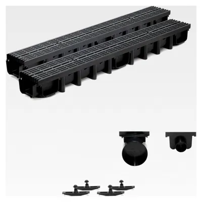 Produktbild von 2m Entwässerungsrinne für modulares System A15 98mm, komplett mit Stegrost aus Kunststoff, Schwarz