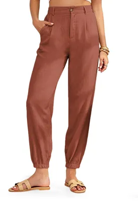 Produktbild von Leinenhose Damen - Leichte Luftige Musselin - Elastischer Bund - Strandhose - Freizeithose mit 2 Taschen - Atmungsaktiv und Langlebig - Sommerhose