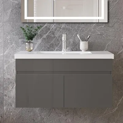 Produktbild von 80cm Mineralguss Waschtisch mit Unterschrank Badmöbel Set mit Türs Soft-close - Hochglanz Anthrazit