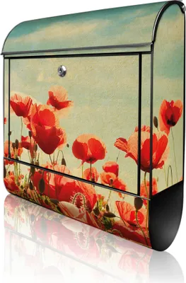 Produktbild von banjado Design Briefkasten Stahl schwarz mit Zeitungsfach pulverbeschichtet "Oktobermohn" 38x46x12,5cm & 2 Schlüssel - Postkasten A4 Einwurf inkl. Montagematerial [BKSCH 10753]