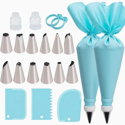 Image de Kit de décoration de gâteaux comprenant 21 pièces, avec 12 douilles en acier inoxydable et des pochettes de décoration jetables