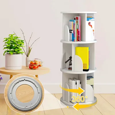 A white rotating bookshelf with books and decorative items on a light-colored floor, with a small table and plant to the left. An inset shows a rotating mechanism.