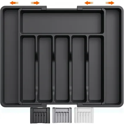 Produktbild von Besteckkasten für Küche, Ausziehbarer Besteckschublade 6-8 Fächer, Nützlicher Besteckeinsatz für Löffel, Gabeln, Messer, Schwarz