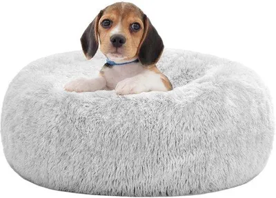 Imagen del producto de Cama ortopédica para perros, cojín redondo para perros, banco para perros, cama para gatos, forma de rosquilla, suave, lavable, 60 cm de diámetro, gris claro