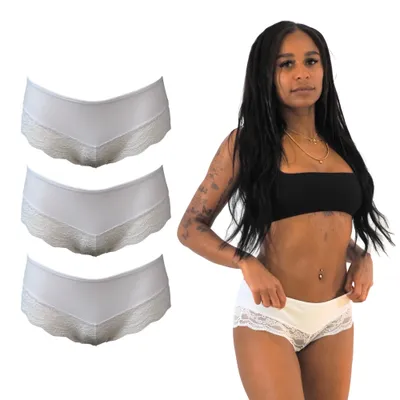 Produktbild von Benonetti Damen Hipster Slips 3er-Set – elegante Unterwäsche mit Spitze, atmungsaktiv & bequem aus Baumwolle (3er Set, Weiß XL)