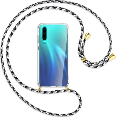 Produktbild von Handykette Backcover-Schutzhülle mit Band (Metall goldfarben) für Huawei P30 - schwarz/grau/weiß