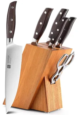 Immagine prodotto di Set di coltelli da cucina da 7 pezzi, con coltelli in acciaio inossidabile tedesco 1.4116, forbici da cucina, base in legno di acacia e manici in legno di sandalo rosso