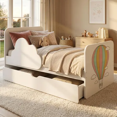 Produktbild von Komplett-Kinderbett 160x80 Weiß | Mit Rausfallschutz, Schublade & Matratze | Bett Wolken-Design, bunter Ballon
