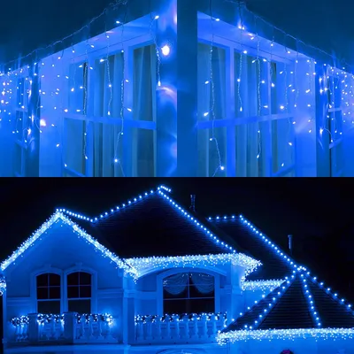 A collage of two images showing blue LED icicle lights decorating a window and a house.