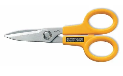 A pair of yellow-handled scissors on a white background.