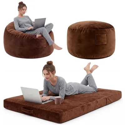 Immagine prodotto di Sitzsack 2-in-1 con memory foam - 120 cm - Trasformabile in poltrona, letto e chaise longue - Rivestimento in velluto lavabile - Marrone
