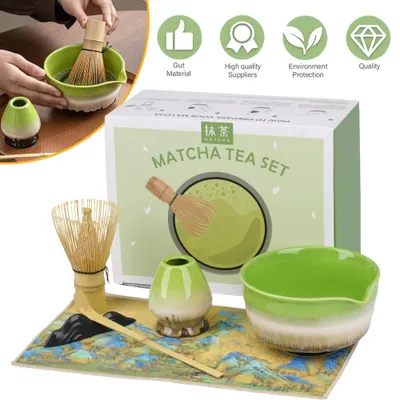 Image de Kit Matcha - Ensemble complet pour préparer le matcha - 6 pièces - Céramique - Comprend : bol, fouet, cuillère, support et chiffon