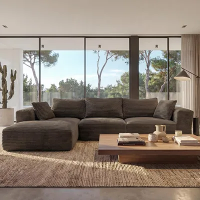Immagine prodotto di Set di divani HWC-P20, divano lounge a 3 posti, tessuto/corda tessile (370 g/m²) superficie reclinabile sinistra ~ marrone
