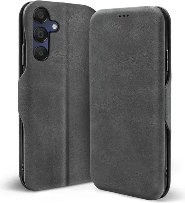 A dark gray flip case for a smartphone, shown from a diagonal angle.