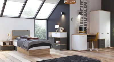Produktbild von Jugendzimmer Komplett-Set TOMAR-129 mit Bett 90x200 cm in Eiche Nb. mit weiß und grau