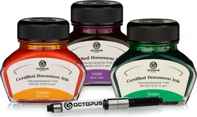 Produktbild von 3 x 30ml Document Ink Orange, Green, Violet, zert. nach DIN ISO 12757-2